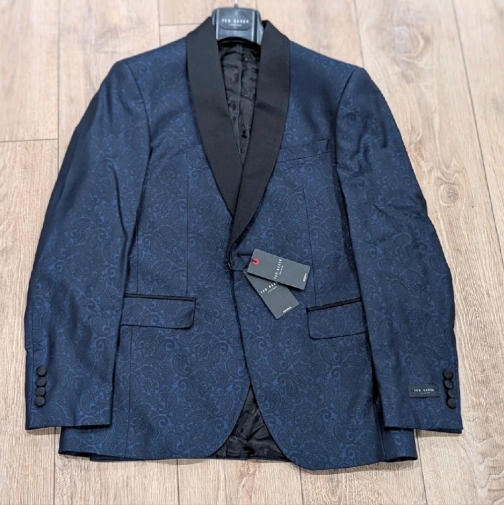 $948 Mens Ted Baker "Josh" Stretch Wool Blend Tuxedo Jacket Navy US 40L